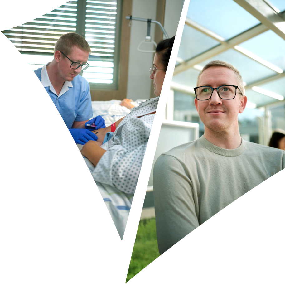 Collage aus Pflegepraxis im Krankenhaus und Porträt eines Krankenpflegers in moderner Umgebung.